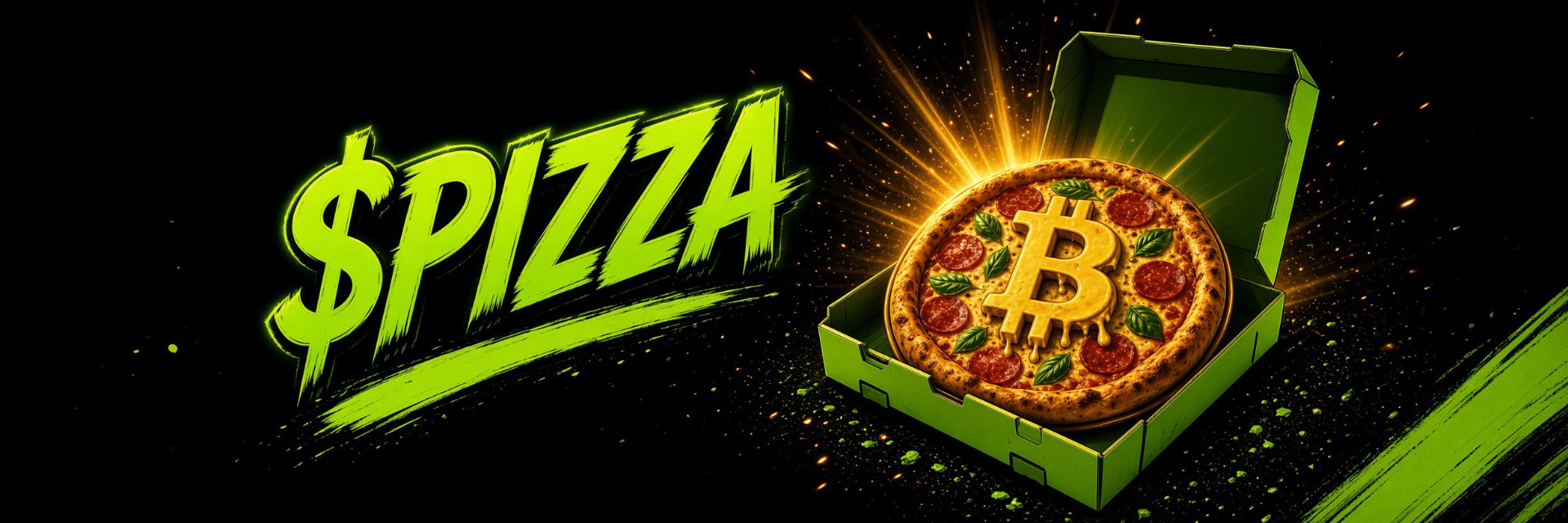 $PIZZA — bitcoin pizza in a neon green delivery box
